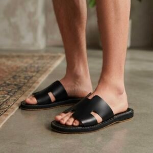SANDALE H NOIR CUIR LISSE