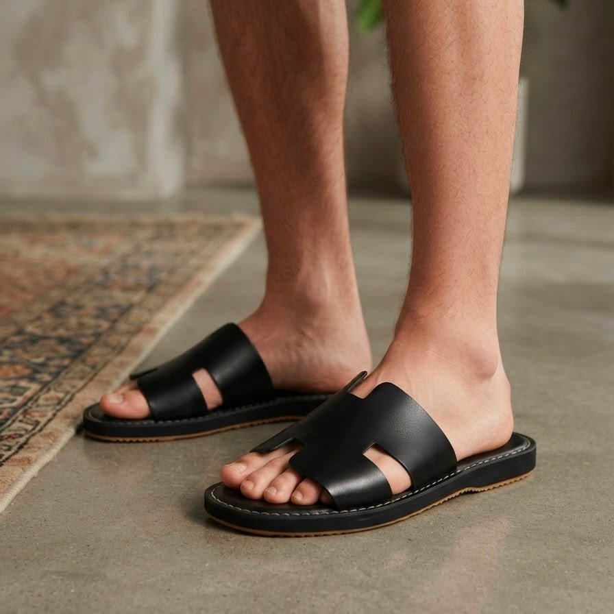 SANDALE H NOIR CUIR LISSE